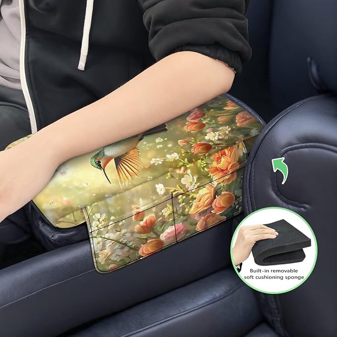 Car Center Console Cover with Side Pockets, Hummingbird Floral Soft Auto Armrest Cushion, Memory Foam Arm Rest Protector, Universal Seat Box Cover Car Interior Accessories
