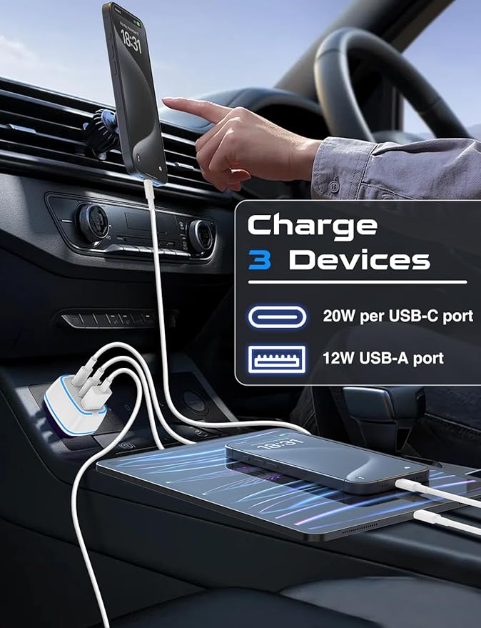 Hzevn USB C Car Charger, 3 Port PD Super Mini Cigarette Lighter Adapter, 2Pack USB-C & A Fast Car Charging for iPhone 16/15 Pro Max, Galaxy S25/S24, iPad, Pixel, Android Phones,White