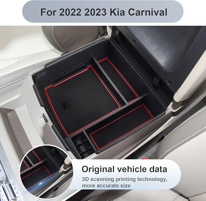 SKTU Compatible with 2022-2025 2026 Kia Carnival Center Console Organizer 2024 2025 2026 Carnival Accessories Insert ABS Materials Tray 2022-2026 Carnival Console Tray with Coin and USB Hole (Red)