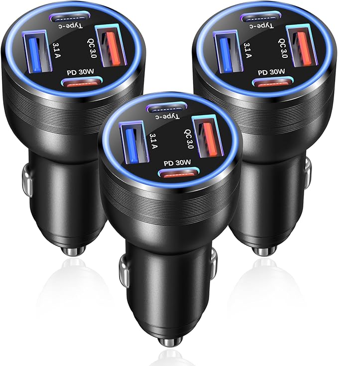 USB C Car Charger 65W, OKRAY 3-Pack 4-Port Type C Fast Car Phone Charger PD30W&QC3.0 Multiport 12v Cigarette Lighter Adapter for iPhone 17 Air 16e 16 15 14 13 12 Pro Max, iPad, Samsung Galaxy S25 S24