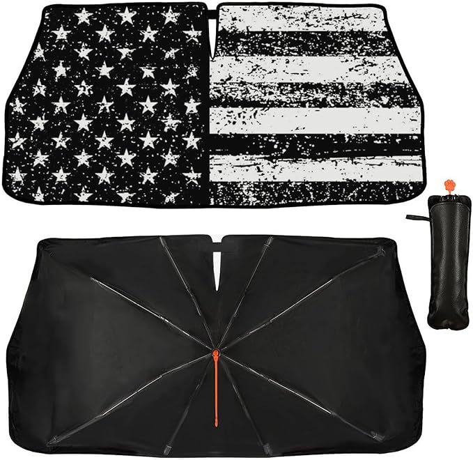 American Flag Car Sunshade Umbrella USA Flag Windshield Sun Shade for Car Retractable Umbrella Sunshades for Front Window Patriotic Sun Shades Cover Visor Portector Block UV Rays