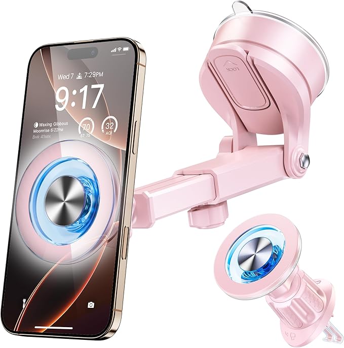 for MagSafe Magnetic Car Phone Holder [2026 Upgraded Strongest Magnet] Car Mount Suction Cell Stand for Dashboard Windshield Vent Compatible with iPhone 16/15/14/13/12/11 Android etc-Pink