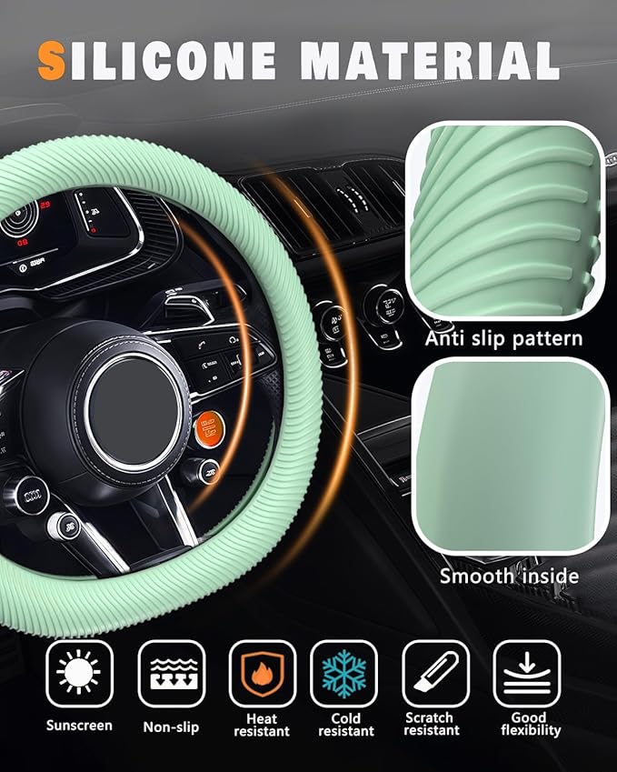 WOCOCN Car Steering Wheel Cover, Thin Anti-Skid Silicone Steering Wheel Cover for Men & Women, Universal Automotive Interior Accessories for Most Cars (Light Green)
