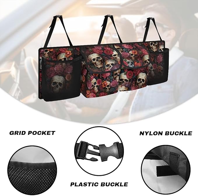 Skull Floral Car Trunk Organizer, Backseat Hanging Large Storage with Adjustable Straps & 4 Pockets, Waterproof Collapsible Cargo Bag, Car Interior Accessories for SUV, Truck, Van