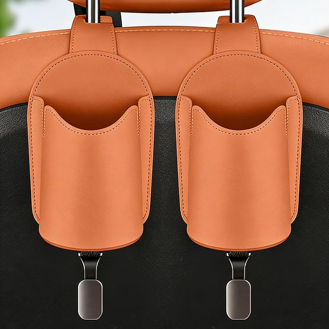 Car Seat Back Organizers Set of 2 with Leather Cup Holder and Headrest Hook, Universal Backseat Phone Mount & Storage Bag (Orange)