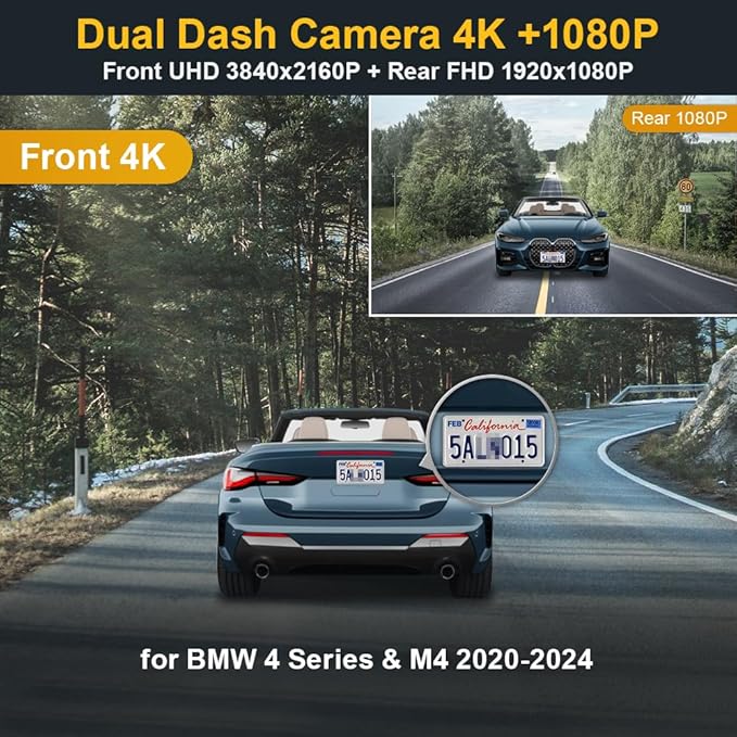 Fitcamx 4K Dual Dash Cam Suitable for BMW 4 Series M4 2020-2024 430i 440i M440i Xdrive G22 G23 G26 G82 G83 (HD2-6808), OEM Style, Dual HD Recording, WiFi&APP, G-Sensor, Easy to Operate, 128GB Card