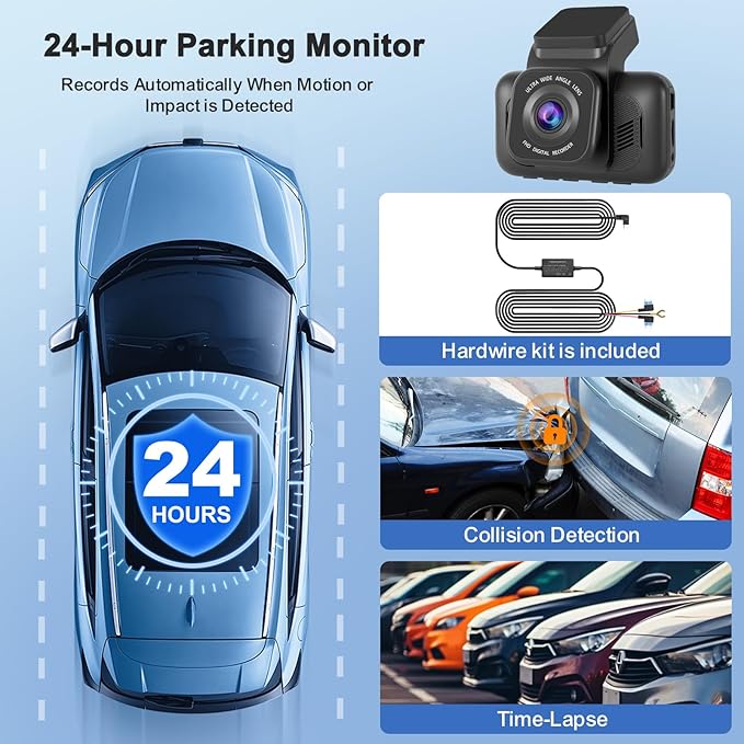 Dash Cam Front and Rear, 4K Dash Camera for Cars, Dual Dashcam with Hardwire Kit, 3" Screen Car Camera, 64GB Card Included, Night Vision, 24 Hours Parking Monitor, G-Sensor, Support 256 GB Max