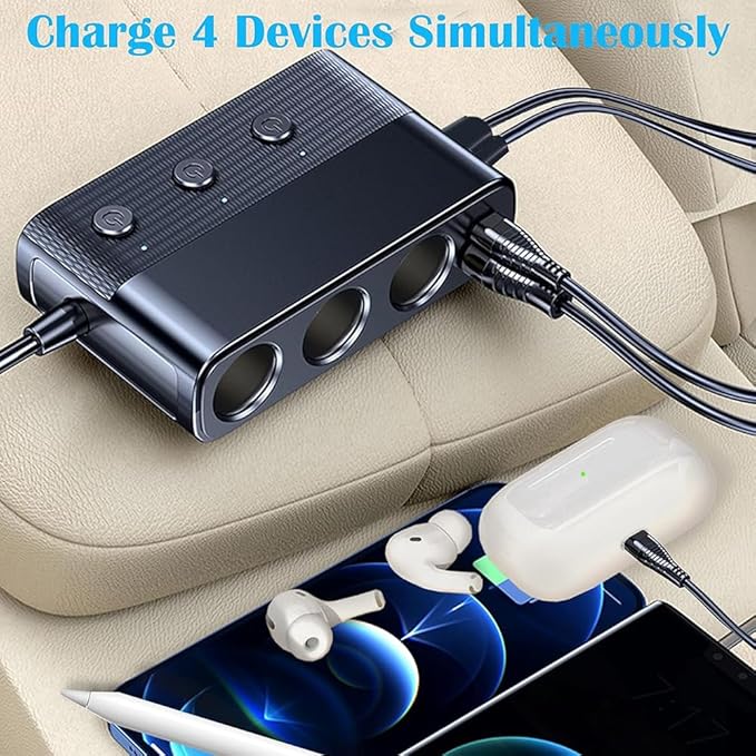 Cigarette Lighter Adapter with 3 Sockets, Car USB Charger Dual Port+QC 3.0+Type-C PD 30W, 12V/24V Cigarette Lighter Splitter with Independent Switches, LED Voltmeter, 66cm Cable