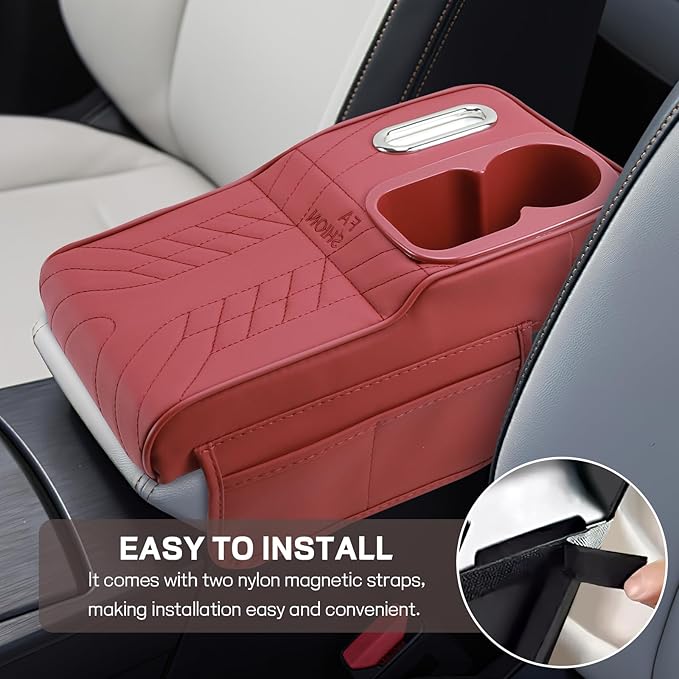 Car Center Console Armrest Pillow, 13.4"×7.5"×2" Leather Auto Arm Rest Cover with Pocket & Tissue Box & Cup Holder, Multifunctional Vehicle Armrest Cushion Pad, Car Accessories (Red)
