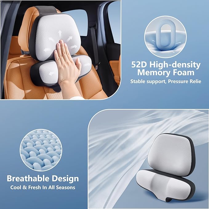 BEBAS Car Headrest Pillow - Memory Foam Neck Support Pillow for Driving, Ergonomically Designed for Long Drives & Travel, Pain Relief with Removable & Washable Cover | Gray, 1-Pack