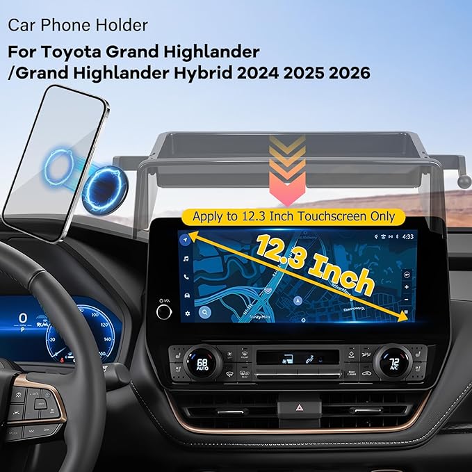 Car Phone Holder Fit for Grand Highlander/Grand Highlander Hybrid 2024-2025 Accessories Dash Organizer with MagSafe Cell Phone Mount 12.3-inch, Cell Phone Automobile Cradles Hands-Free 360° Rotation