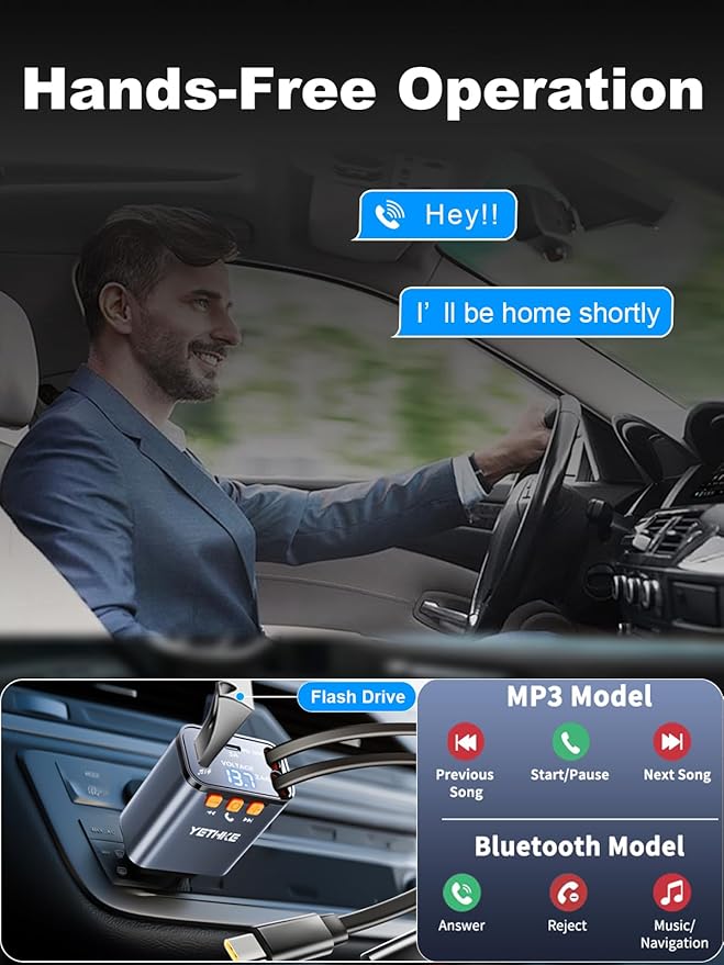 Bluetooth Car Adapter with Retractable Charger,[Upgrade] Bluetooth 5.4 FM Transmitter for Cars, 4 in 1 Fast Car Charger 69W, Handsfree Call, 2*Retractable Cable for iPhone 17/16/15/14, Galaxy-Gray