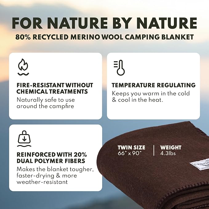 Woolly Mammoth Woolen Company Merino Wool Blanket - 80% Merino Wool - Camping Blankets for Cold Weather - Mositure-Wicking for Overlanding, Hunting, Emergency Kits, Bushcraft (66" x 90" Bark)