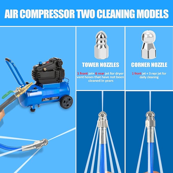 Dryer Vent Cleaner Kit - 32ft Pressure Hose + 1/4 Air Quick Connect + 2 Jetter Nozzle for Powerful Lint Removal, Fire Hazard Reduction & Energy Savings – Ideal for Cleaning Long Dryer Ducts