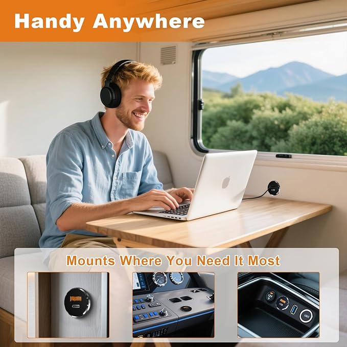 66W 12V USB Outlet PD 30W Type-C QC3.0 36W USB-A Dual Port Aluminum Fast Charging Socket for Laptop, Replacement Car Charger Accessories for RV Camper Trailer Truck Boat Golf (2Pcs)