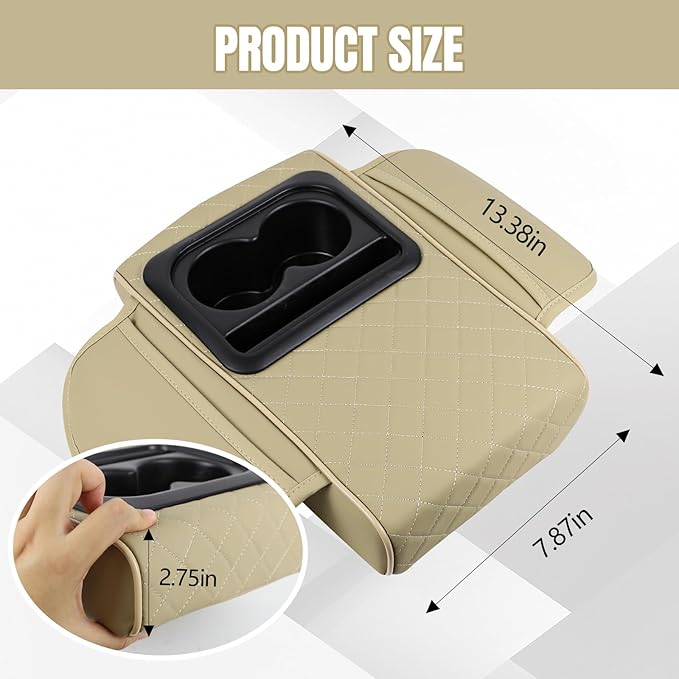 Hovom Car Center Console Cover, 13.39"×7.87"×2.76" Leather Armrest Cover for Cars, Memory Foam Armrest Pillow with Pocket, Cup Holder & Phone Slot, Universal Vehicle Arm Rest Cushion Pad (Beige)