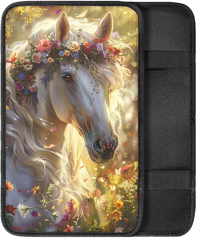 Floral Horse Armrest Pad Cover for Cars Arm Rest Cushion Pads Car Center Console Cushion Non Slip Car Accessories Car Xmas Decoration