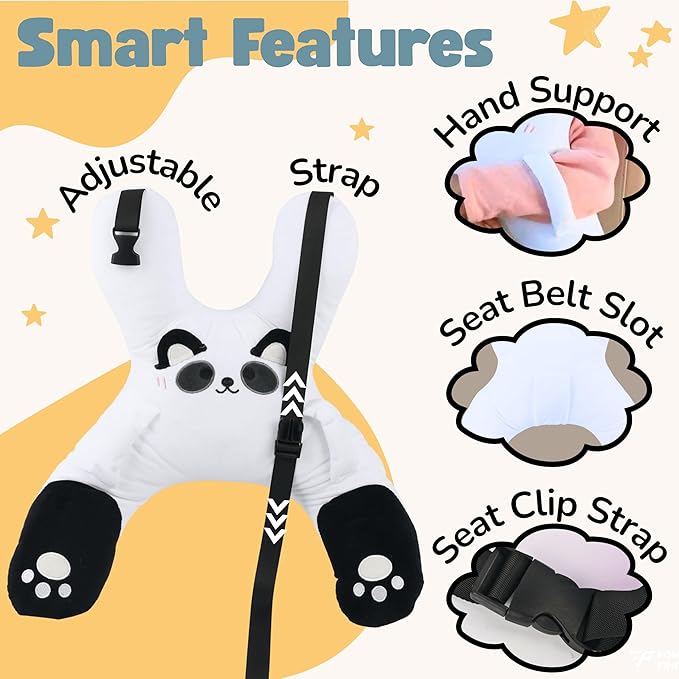 Kids Car Sleeping Pillow - X-Shaped Plush Animal for Neck & Back Support - Hands & Seat Belt Slot - Machine Washable & Compressible - Perfect for Car, Plane, Train, Boat & More - White