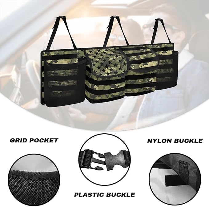 Car Trunk Organizer, American Flag Camo Large Capacity Backseat Trunk Organizer with Adjustable Straps, Backseat Hanging Car Storage Organizer Foldable Cargo Storage