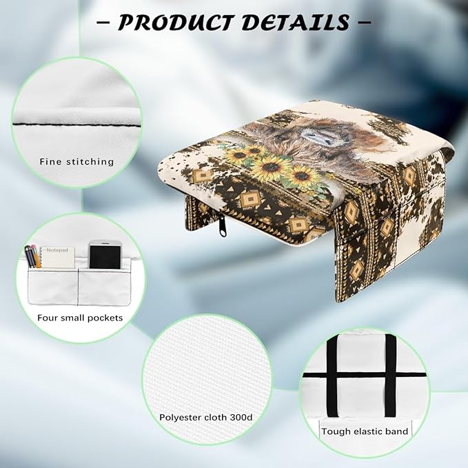 Tupalatus Aztec Car Console Cover Waterproof Highland Cow Universal Armrest Cover with 2 Storage Bags Center Console Covers Universal Fit for Car for Most Vehicle, SUV, Truck, Cars