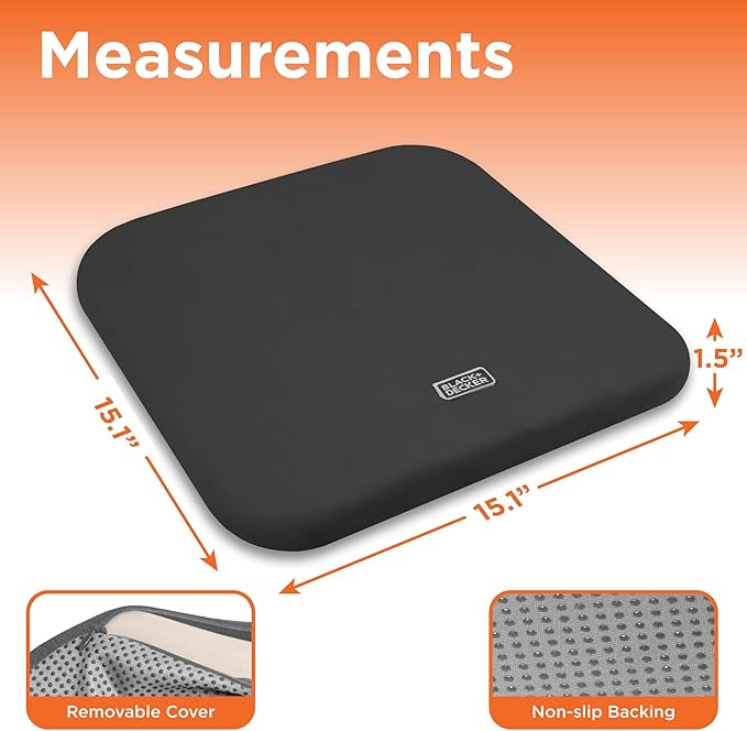 BLACK+DECKER Car Seat Cushion with Memory Foam – Ice Silk Portable Driver & Car Seat Pad for Pain Relief – Non-Slip Back, Washable Cover – Office Chair, Wheelchair, Travel Use, Black