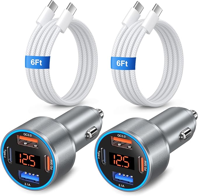4-Port 65W Fast Car Charger USB C for iPhone 17/16/15/14 Pro Max, 2 Pack Dual 12V USB-A&C Car Charger with Voltage Meter Cigarette Lighter Adapter for Galaxy A17/A16/S25/S24+6FT Type-C Cable
