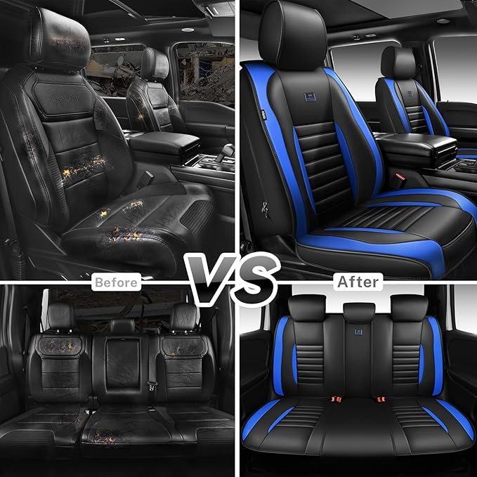 CAR PASS Nappa Leather Car Seat Covers Full Set, Luxury Seat Protector for Cars, Waterproof Anti-Slip Seat Cushion Armrest Compatible Airbag Universal for Sedan SUV Pick-up Truck Auto, Black Blue