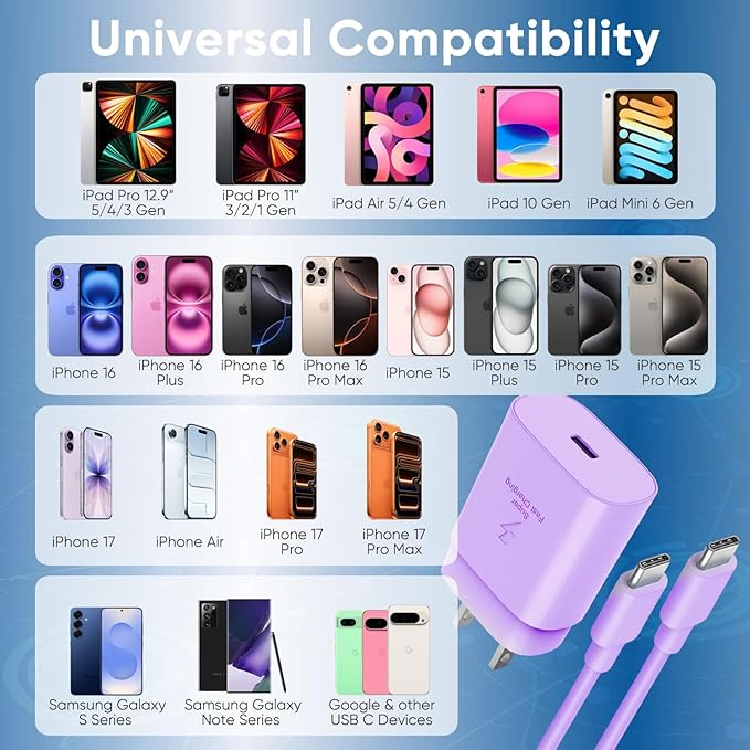 iPhone 17 16 15 Charger Fast Charging 10FT Cable, 30W USB C Charger Block for i Phone 15 16 16e 17 Air Plus Pro Max/iPad Pro/AirPods, PD USBC Power Adapter Wall Plug & Type C to C Cord (Purple, 10FT)