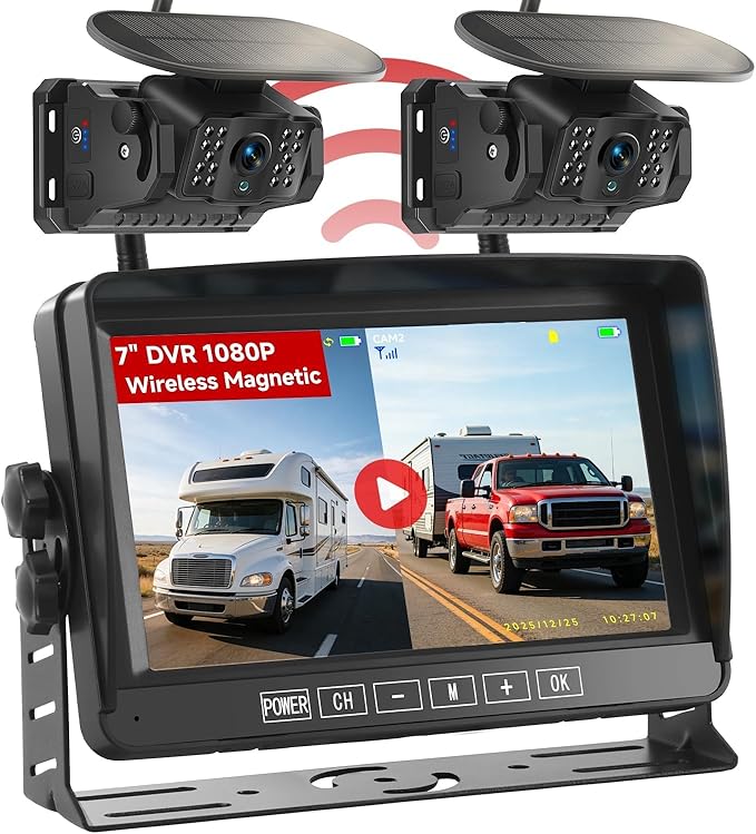 Dual Wireless Magnetic Backup Camera for Trailer - 7” 1080P HD 4CH Monitor with Solar 15000mAh Rechargeable Night Vision Rear Camera, DVR Loop Recording Waterproof No Delay for Truck,RV,Camper