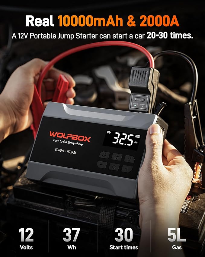 WOLFBOX 2000A Jump Starter with Air Compressor, 37Wh Car Battery Jumper Starter Portable (up to 5L Gas Engine) with 150PSI Tire Inflator, 12V Jump Box with Jumper Cables, Boost, LED Light