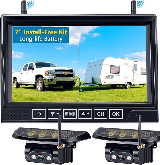 Solar Wireless Backup Camera for Trailer: 24H Long-Lasting, Strong Signal, HD 1080P 2 RV Camera System with 7" Recording Monitor - Magnetic Easy Setup for Camper