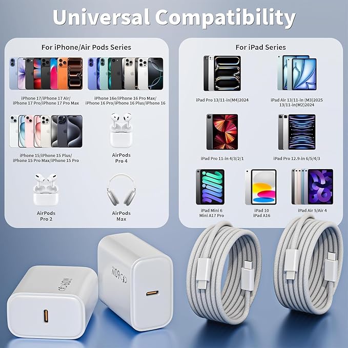 Charge for iPhone 17/16/15 Charger, 2Pack 40W-60W Dynamic Type C Wall Charger Adapter USB C Charger Block 6FT USB-C to C Woven Braid Cable for Apple iPhone 17 Pro Max/iPhone 16 Plus, iPad Pro/Air/Mini