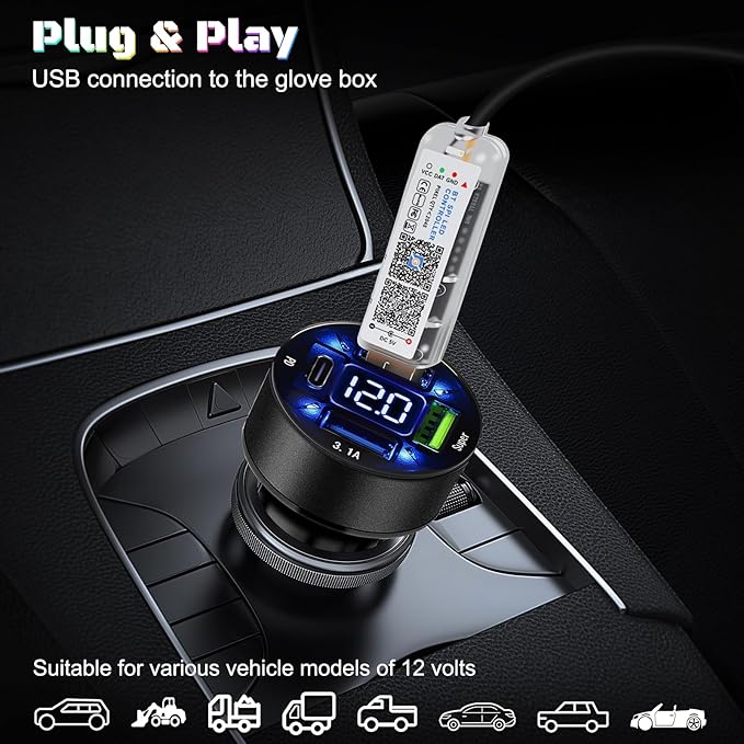 Dreamcolor Acrylic Interior Car LED Strip Light with USB/Type C/4-Port USB Cigarette Lighter,RGB 55.1 inch Ambient Lighting Kits, Sound Active Function Neon Led Strips for Car