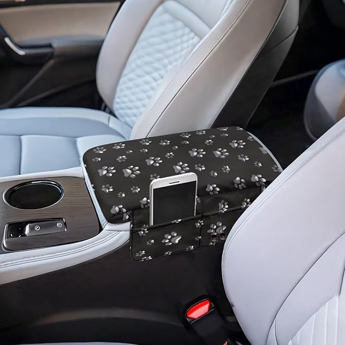 Dreaweet White Dog Paw Center Console Cover with Pockets Cute Car Accessories for Women Interior,Thick Arm Rest Cover for Car Truck SUV,Universal Car Armrest Cover Cushion Pad