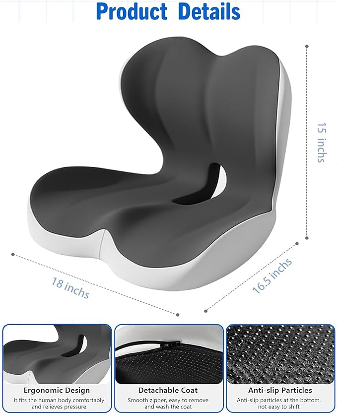 L-Shaped Seat Cushion for Long Sitting,Memory Foam Ergonomic Back Support Driving Seat Cushion for Back Pain,Non-Slip Design for Car, Truck, Home Chair & Office Seat (Black Gray)