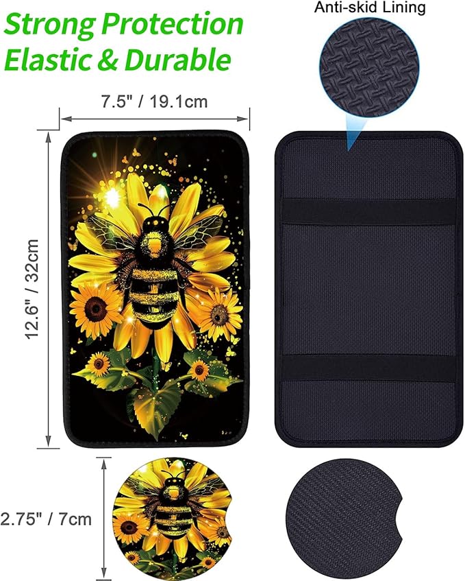 Car Armrest Cover Pads Universal Fashion Cute Auto Center Console Armrest Cover Pad with 2PCS Car Coasters Soft Waterproof Seat Protector for Women, Sunflower Bee