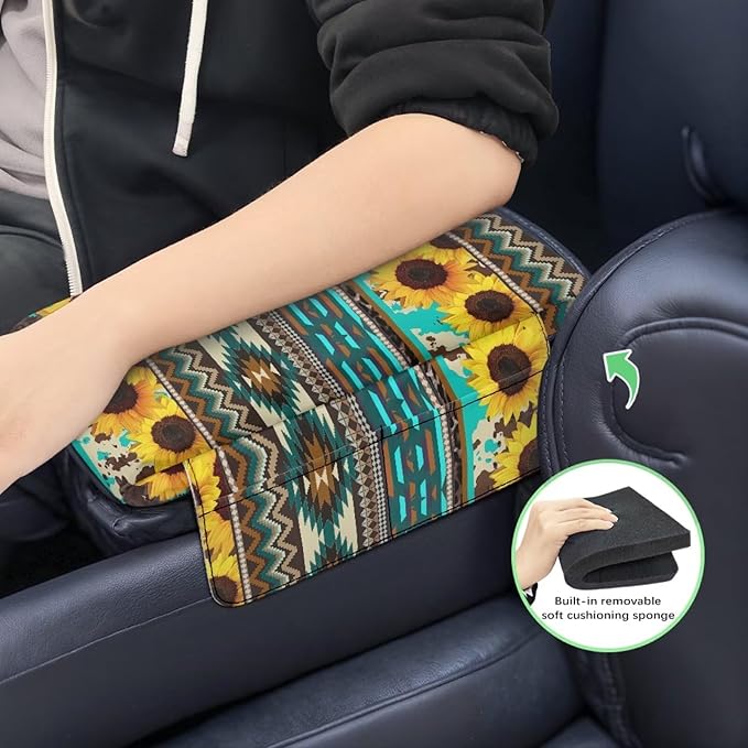 Wanyint Aztec Sunflower Blue Auto Center Console Cover Soft Armrest Box Pad Protector Middle Console Cover with Pockets Storage Bag Hand Rest Pillow Car Interior Decor Accessories