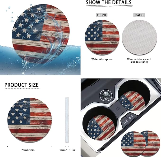 American Flag 6pcs Car Decor Set for Women Men Car Steering Wheel Cover Retro Style Armest Cushion Auto Interior Decor Cup Holder for SUV Truck Sedan