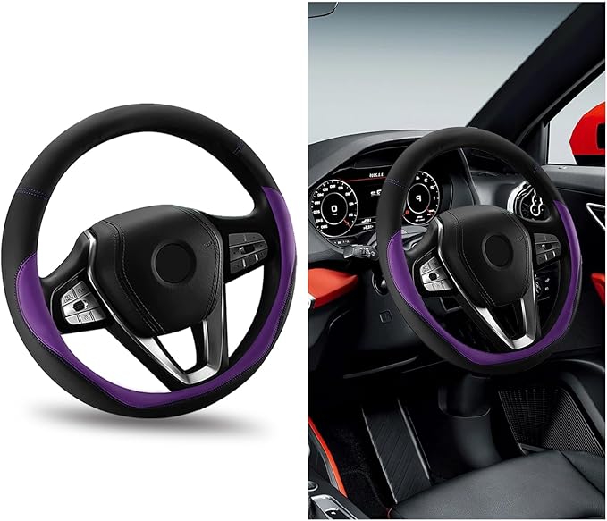 Car Steering Wheel Cover, Universal 15" Anti-Slip Auto Steering Wheel Protector for Men Women, Breathable Odor Free Leather Steering Wheel Car Accessories Fit Most Vehicles (Purple)
