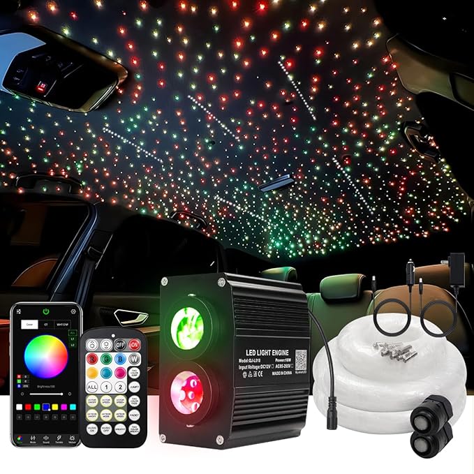AKEPO 18W Dual Color Twinkle+Meteor All-in-one Fiber Optic Lights, 400pcs*0.03in*9.8ft+240pcs Shooting Star Fibers Remote/APP Starlight Headliner Kit Car Home Music Activated Optical Star Ceiling Kits