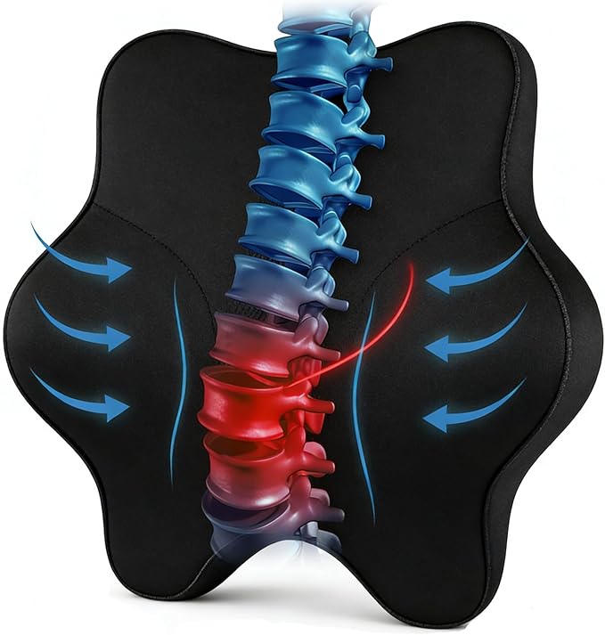 Lumbar Support Pillow for Office Chair & Car - Ergonomic Memory Foam Lower Back Cushion with Breathable Polyester Cover Adjustable Straps for Desk, Gaming, Wheelchair - Relieves Back Pain (Black)