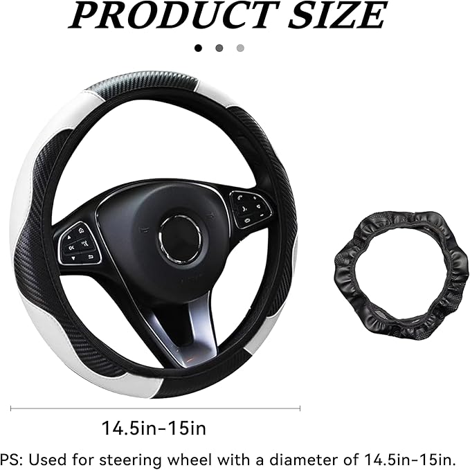 Car Steering Wheel Cover, 15 inch Carbon Fiber Microfiber Anti-Slip Breathable PU Leather Elastic Steering Wheel Protector, Car Interior Accessories for Most Cars (White)