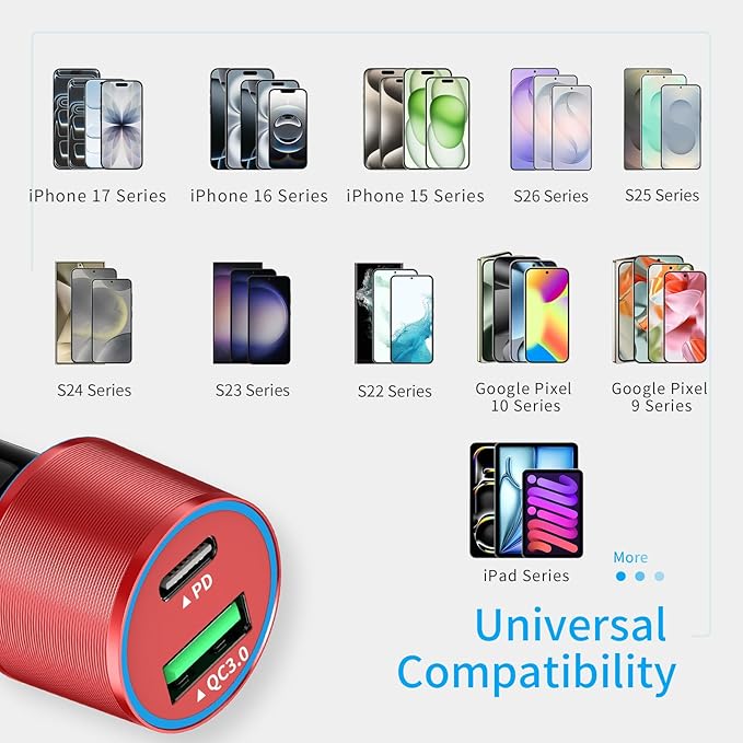 67.5W Red Car Charger USB C Super Fast Charging, 45W USBC&QC3.0 Port Plug for iPhone 17 Pro Max/Air/16/15/iPad, Samsung S26/S25 Android Cell Phone, Dual 12V Cigarette Lighter Adapter+3.3ft Type C Cord