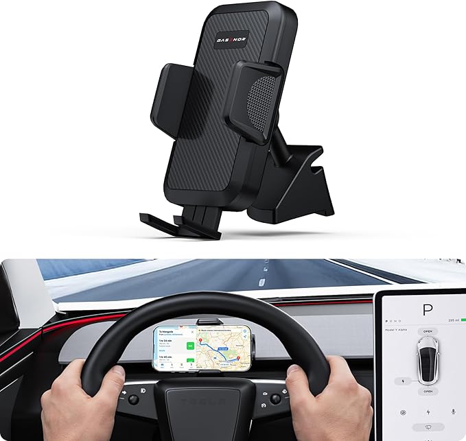 BASENOR Phone Mount for 2025 2026 Tesla Model Y Juniper/Model 3 Highland, Dashboard Phone Holder Does Not Block View [No Adhesive][Dual Arms][360° Adjustable] Tesla Accessories Fit All Smartphone