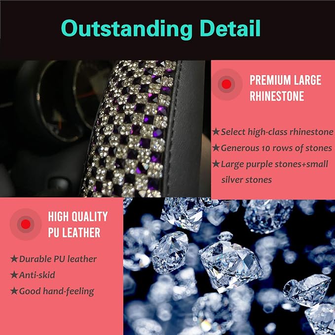 PINCTROT Bling Bling Comfy Steering Wheel Cover with Jumbo Crystal Rhinestones, Anti-Slip Diamond Leather, Universal 15 Inch (Purple)