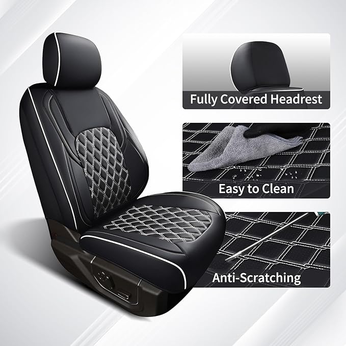 Huidasource Tacoma Front Car Seat Covers, Leather Seat Cushion Cover Fit for 3rd Gen Toyota Tacoma 2016-2023 Double&Crew Cab SR,SR5, Limited,TRD Pro, TRD Sport, TRD Off-Road(Front Pair/Black&White)