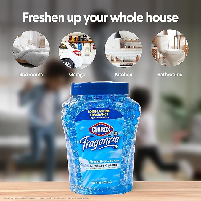 Clorox Fraganzia Crystal Beads Air Freshener, Long Lasting Room Deodorizer and Odor Eliminator Gel Beads to Freshen Home, Car, or Office, Morning Sky Scent, 12 Fl Oz