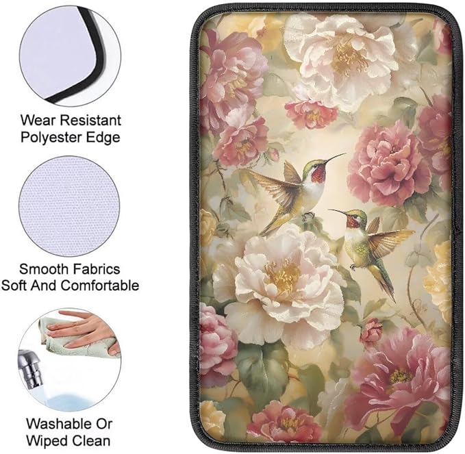 Flower Cute Hummingbirds Auto Armrest Box Cover Car Arm Rest Seat Storage Box Mat Arm Rest Cushion Pads Dog & Cat Paws Protector for SUV/Truck Vehicle