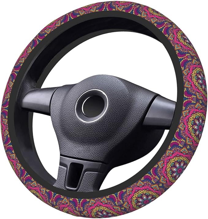 Purple Boho Auto Car Mandala Steering Wheel Cover Universal 15 Inch Neoprene Interior Decor Protection Accessories