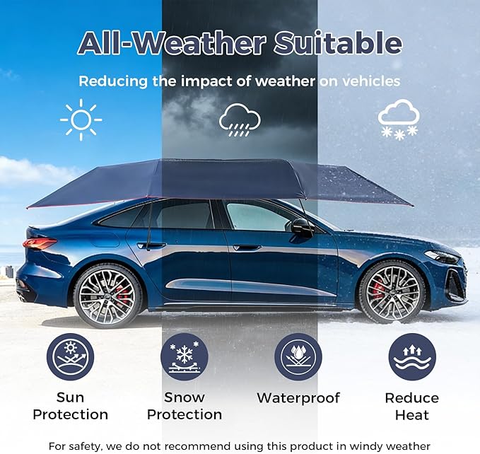 Semi-Automatic Car Tent, 3.78×7.2FT Portable Cars Umbrella Vehicles Tent Blocking UV Rays Car Roof Cover Cars Awning with Carrying Bag Sun Shades for Vehicles Roof Protection (Navy Blue)